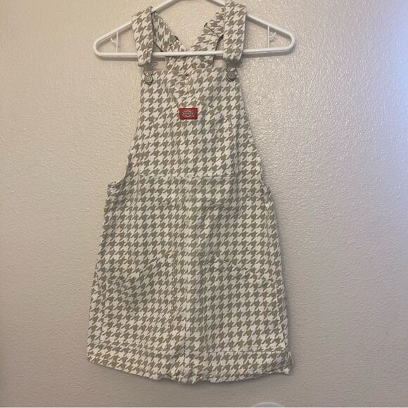 Dickies Bib Overall Dress tan White Houndstooth Print stretch Size Small - Picture 2 of 10